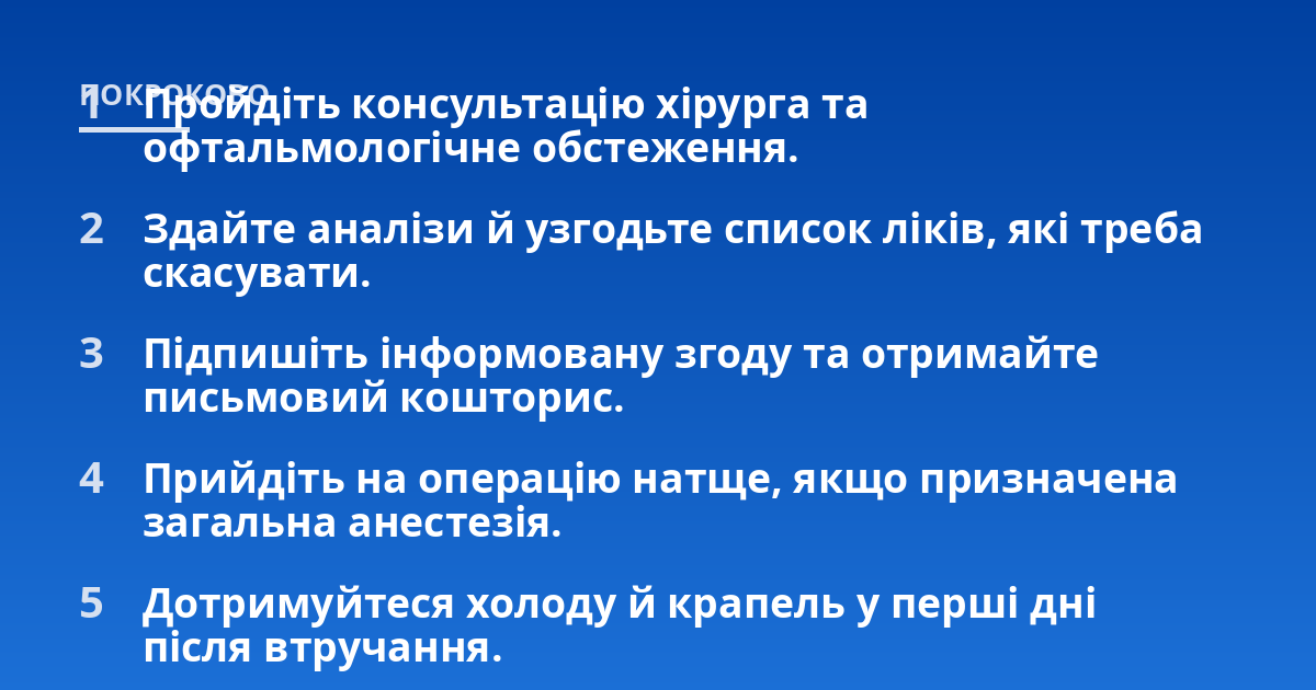 Пройдіть консультацію хірурга та офтальмологічне обстеження.; Здайте аналізи й узгодьте список ліків, які треба скасувати.; Підпишіть інформовану згоду та отримайте письмовий кошторис.; Прийдіть на операцію натще, якщо п