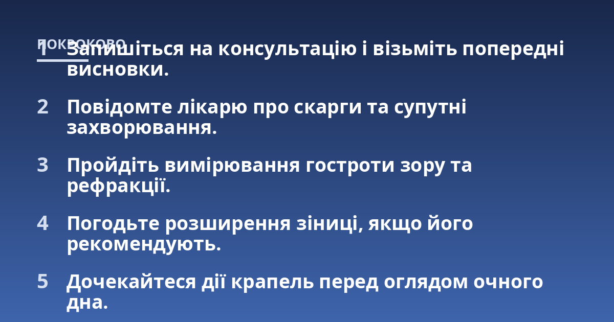 Запишіться на консультацію і візьміть попередні висновки.; Повідомте лікарю про скарги та супутні захворювання.; Пройдіть вимірювання гостроти зору та рефракції.; Погодьте розширення зіниці, якщо його рекомендують.; Доче