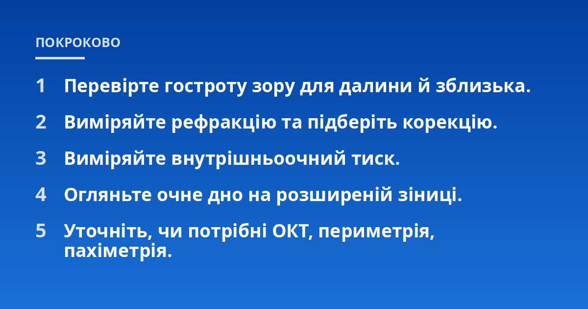 Перевірте гостроту зору для далини й зблизька.; Виміряйте рефракцію та підберіть корекцію.; Виміряйте внутрішньоочний тиск.; Огляньте очне дно на розширеній зіниці.; Уточніть, чи потрібні ОКТ, периметрія, пахіметрія.