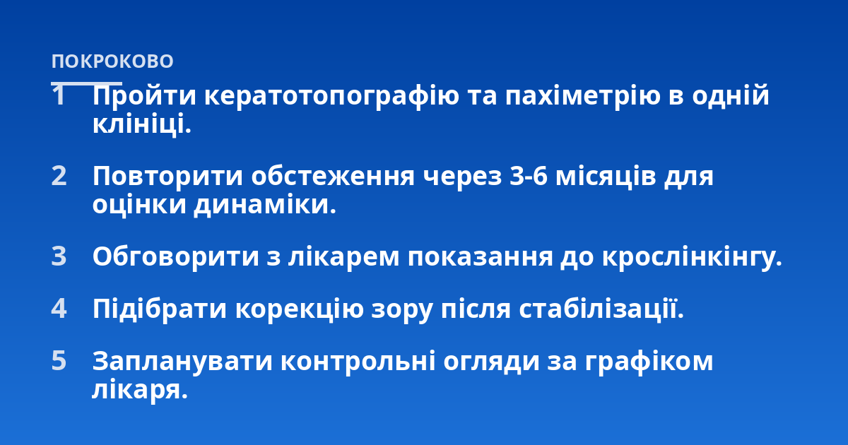 Пройти кератотопографію та пахіметрію в одній клініці.; Повторити обстеження через 3-6 місяців для оцінки динаміки.; Обговорити з лікарем показання до крослінкінгу.; Підібрати корекцію зору після стабілізації.; Запланува