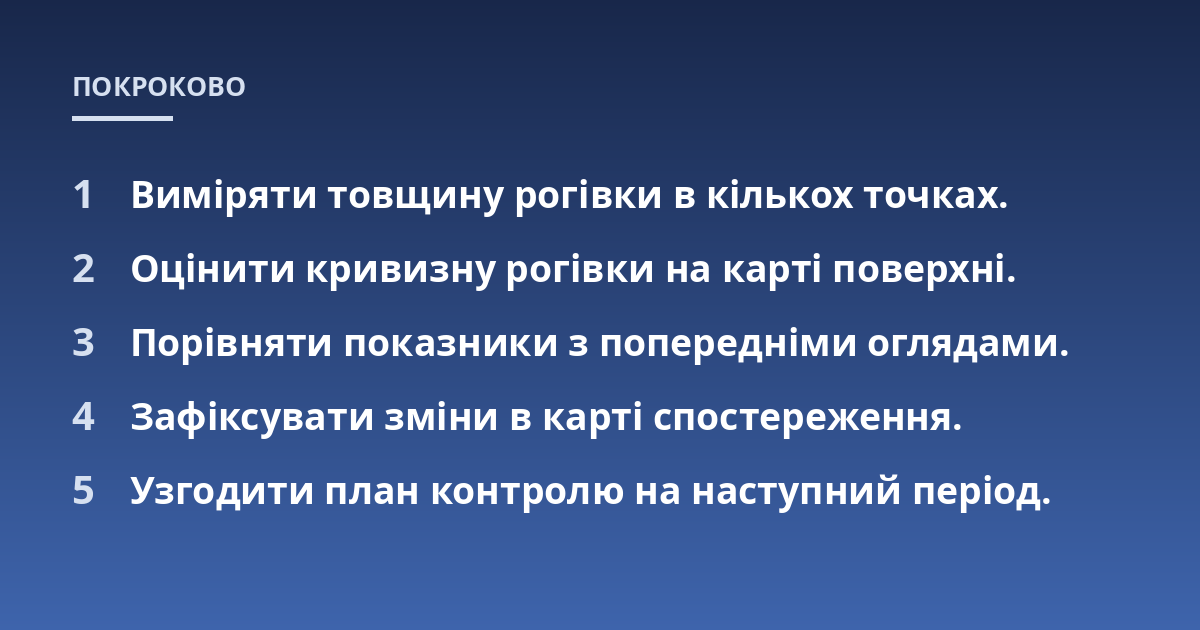 Виміряти товщину рогівки в кількох точках.; Оцінити кривизну рогівки на карті поверхні.; Порівняти показники з попередніми оглядами.; Зафіксувати зміни в карті спостереження.; Узгодити план контролю на наступний період.