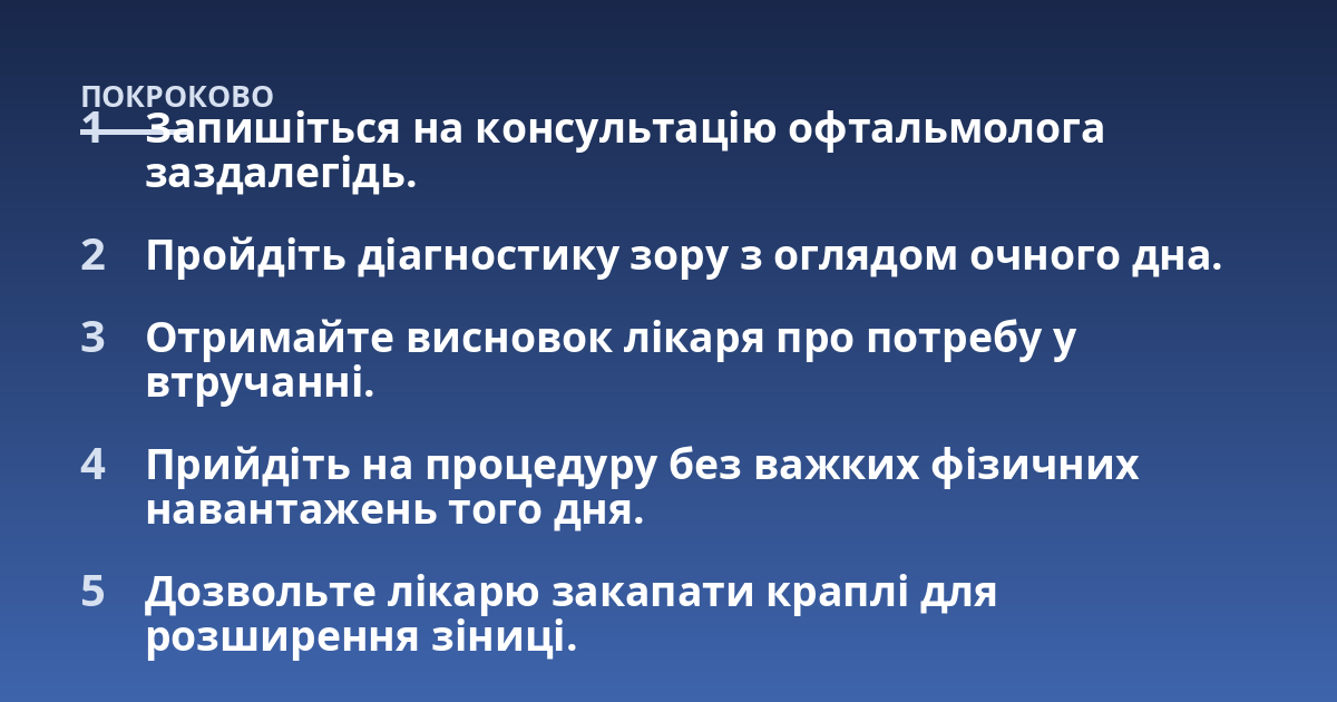 Запишіться на консультацію офтальмолога заздалегідь.; Пройдіть діагностику зору з оглядом очного дна.; Отримайте висновок лікаря про потребу у втручанні.; Прийдіть на процедуру без важких фізичних навантажень того дня.;
