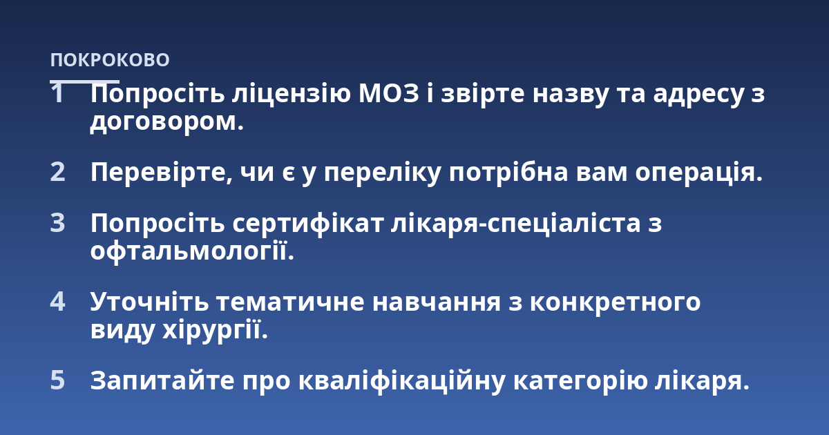 Попросіть ліцензію МОЗ і звірте назву та адресу з договором.; Перевірте, чи є у переліку потрібна вам операція.; Попросіть сертифікат лікаря-спеціаліста з офтальмології.; Уточніть тематичне навчання з конкретного виду хі